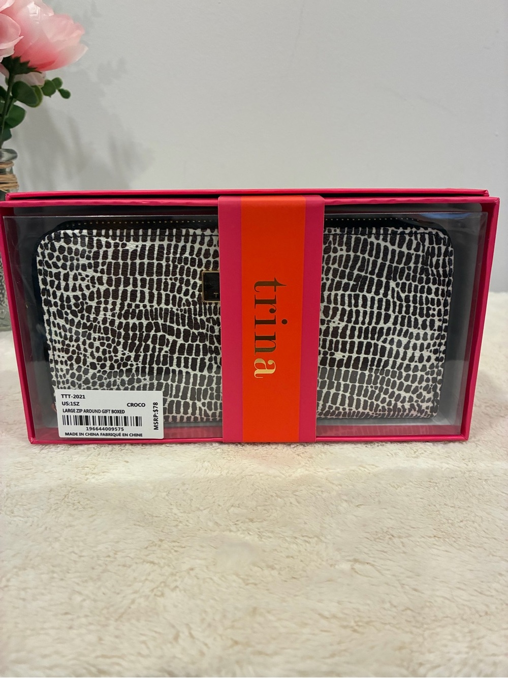 Trina Turk Black and White Croc-Print Zip Wallet